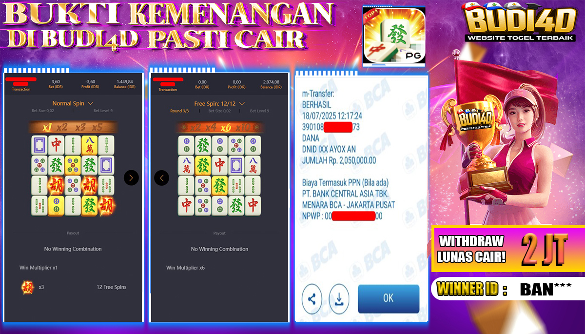 BUDI4D JACKPOT USERID: BAN**** SLOT PGSOFT MAHJONG WAYS Rp.2.050.000,- LUNAS